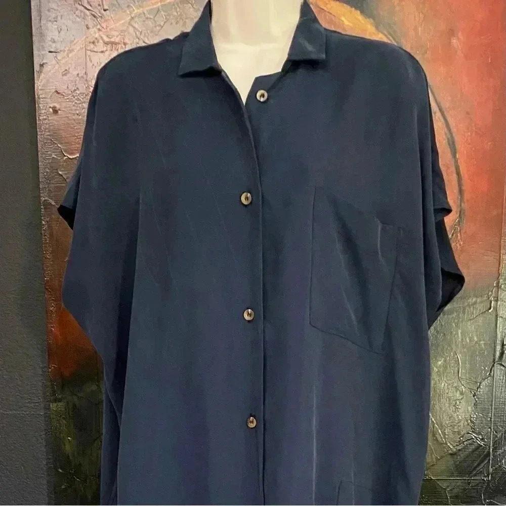 New SBJ Austin Navy Blue Midi Shirtdress Size Large Cottagecore Prairie Coastal - Picture 8 of 15